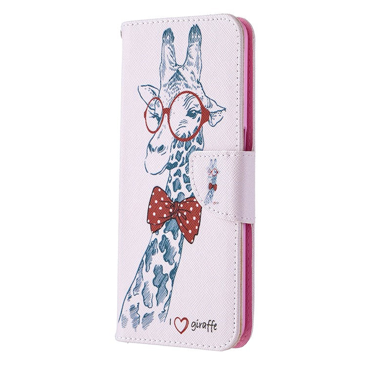 Pattern Printing Leather Wallet Case for OPPO A72/A52/A92 - Adorable Giraffe Wearing Glasses