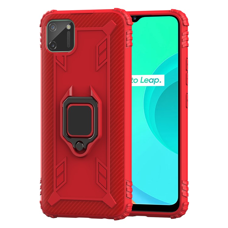 Finger Ring Kickstand Drop-proof TPU Protective Phone Cover for Realme C11 - Red