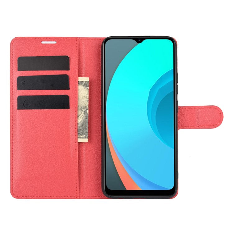 Litchi Texture Wallet Stand Leather Protective Cover for Realme C11 - Red