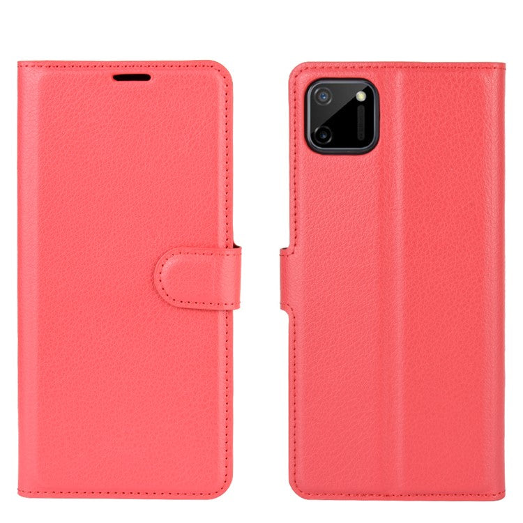 Litchi Texture Wallet Stand Leather Protective Cover for Realme C11 - Red