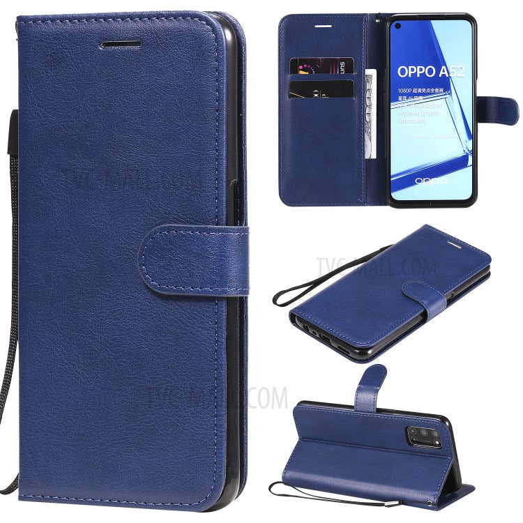 KT Leather Series-2 Solid Color Wallet Stand Leather Shell with Strap for OPPO A52/A72/A92 - Blue