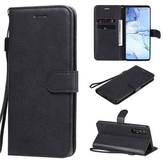 KT Leather Series-2 Solid ColorWallet Stand Leather Shell with Strap for Oppo Reno3 Pro 5G / Find X2 Neo (Overseas Version) - Black