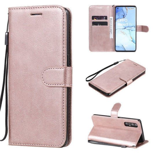 KT Leather Series-2 Solid ColorWallet Stand Leather Shell with Strap for Oppo Reno3 Pro 5G / Find X2 Neo (Overseas Version) - Rose Gold