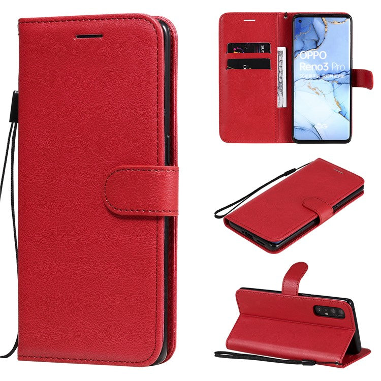 KT Leather Series-2 Solid ColorWallet Stand Leather Shell with Strap for Oppo Reno3 Pro 5G / Find X2 Neo (Overseas Version) - Red
