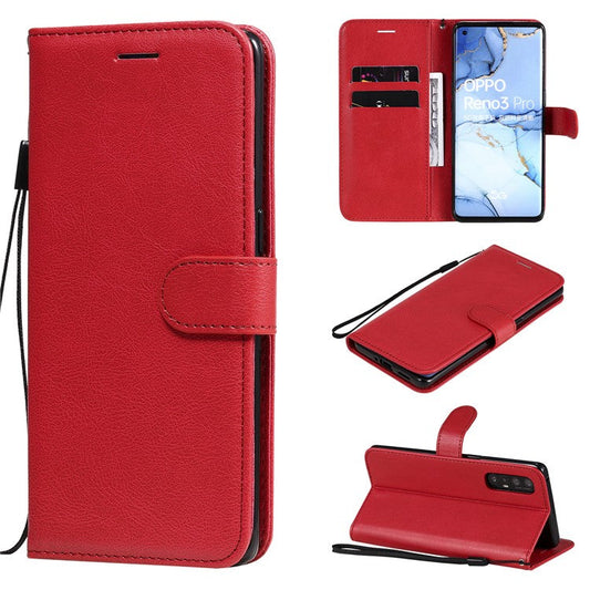 KT Leather Series-2 Solid ColorWallet Stand Leather Shell with Strap for Oppo Reno3 Pro 5G / Find X2 Neo (Overseas Version) - Red