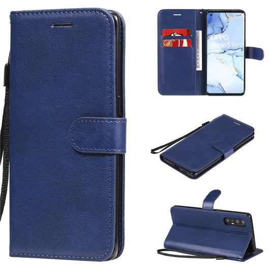 KT Leather Series-2 Solid ColorWallet Stand Leather Shell with Strap for Oppo Reno3 Pro 5G / Find X2 Neo (Overseas Version) - Blue
