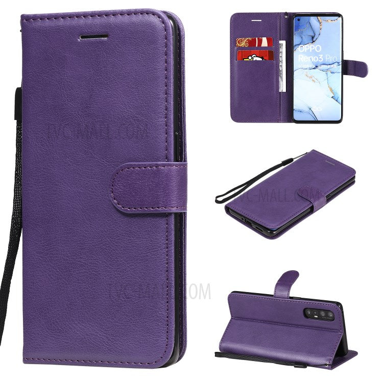 KT Leather Series-2 Solid ColorWallet Stand Leather Shell with Strap for Oppo Reno3 Pro 5G / Find X2 Neo (Overseas Version) - Purple
