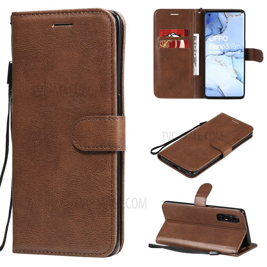 KT Leather Series-2 Solid ColorWallet Stand Leather Shell with Strap for Oppo Reno3 Pro 5G / Find X2 Neo (Overseas Version) - Brown