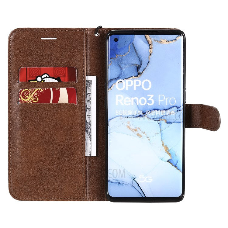 KT Leather Series-2 Solid ColorWallet Stand Leather Shell with Strap for Oppo Reno3 Pro 5G / Find X2 Neo (Overseas Version) - Brown