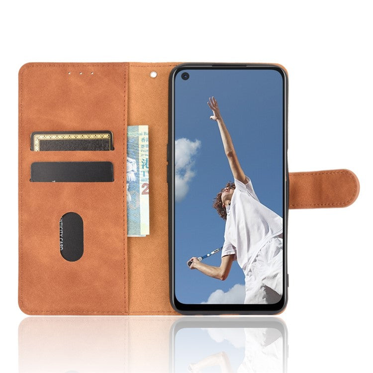 Skin-touch Wallet Stand Flip Leather Phone Cover for OPPO A52/A72/A92 - Brown