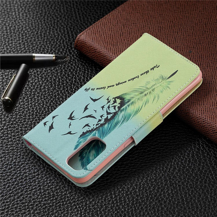 Pattern Printing Leather Wallet Protective Case for Oppo Reno4 5G - Feather