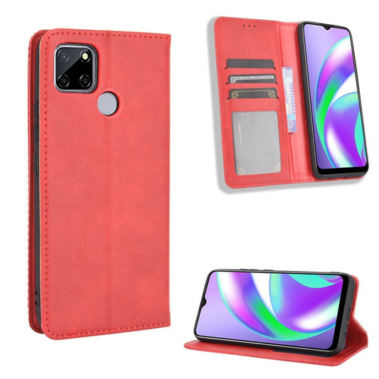 Vintage Style Wallet Stand Leather Phone Cover for Realme C12 - Red