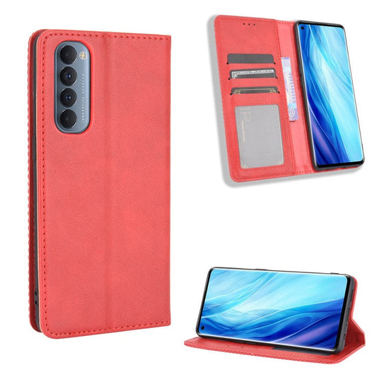 Retro with Wallet Stand Leather Phone Cover for Oppo Reno4 Pro 4G - Red