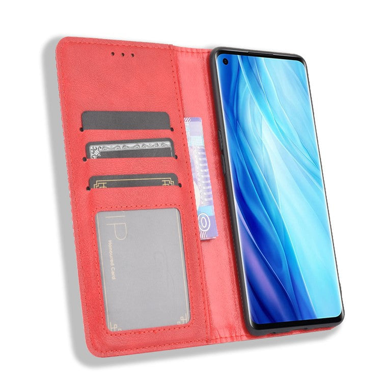 Retro with Wallet Stand Leather Phone Cover for Oppo Reno4 Pro 4G - Red
