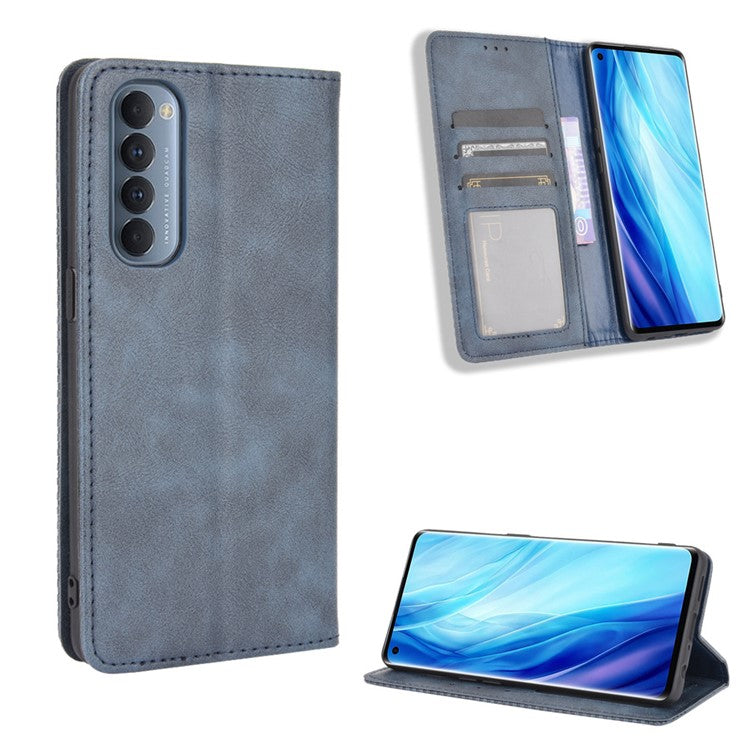 Retro with Wallet Stand Leather Phone Cover for Oppo Reno4 Pro 4G - Blue
