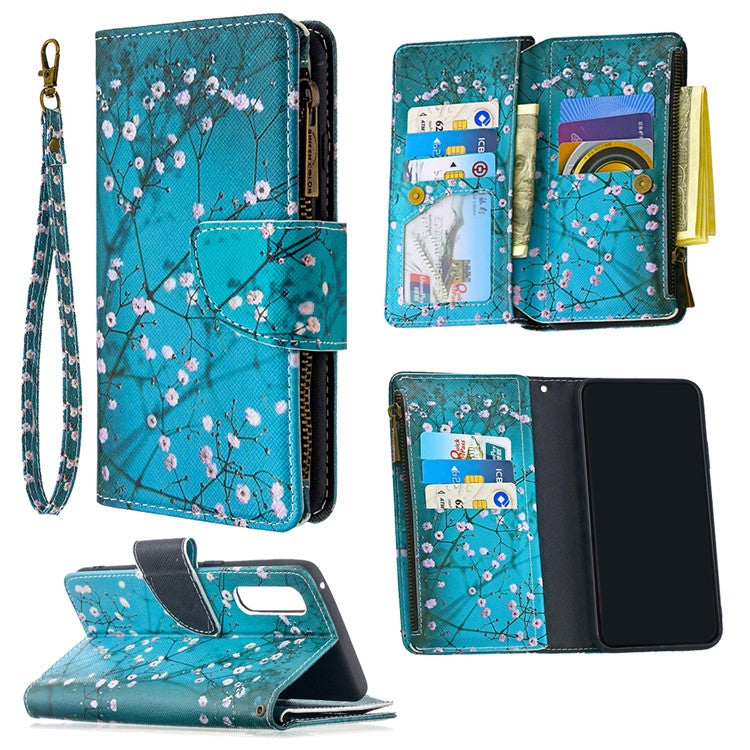 Printing Skin Zipper Pocket Leather Case for Oppo Reno3 Pro/Find X2 Neo - Plum Blossom
