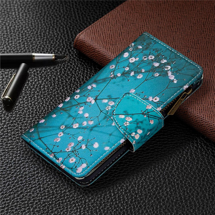 Printing Skin Zipper Pocket Leather Case for Oppo Reno3 Pro/Find X2 Neo - Plum Blossom