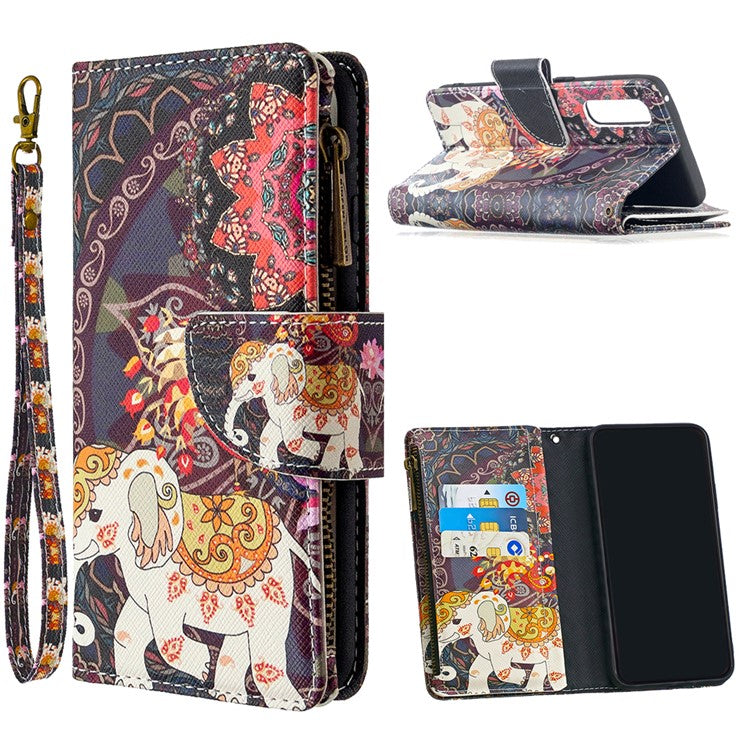 Printing Skin Zipper Pocket Leather Case for Oppo Reno3 Pro/Find X2 Neo - Elephant