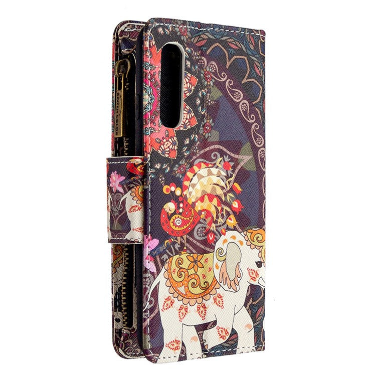 Printing Skin Zipper Pocket Leather Case for Oppo Reno3 Pro/Find X2 Neo - Elephant