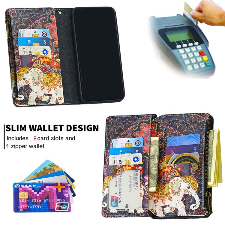 Printing Skin Zipper Pocket Leather Case for Oppo Reno3 Pro/Find X2 Neo - Elephant