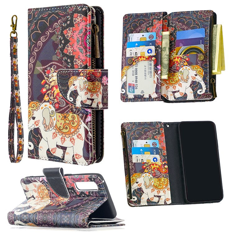 Printing Skin Zipper Pocket Leather Case for Oppo Reno3 Pro/Find X2 Neo - Elephant