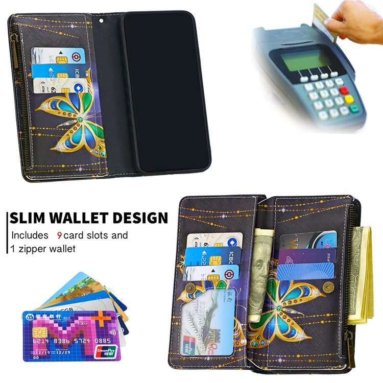 Printing Skin Zipper Pocket Leather Case for Oppo Reno3 Pro/Find X2 Neo - Crystal Butterfly
