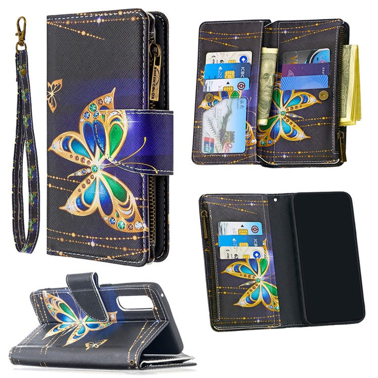 Printing Skin Zipper Pocket Leather Case for Oppo Reno3 Pro/Find X2 Neo - Crystal Butterfly