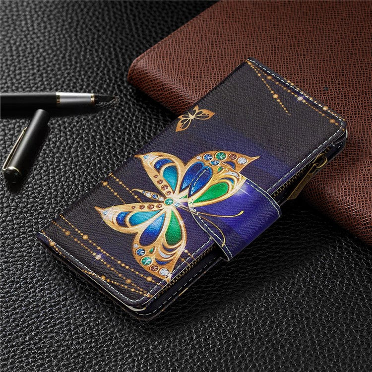 Printing Skin Zipper Pocket Leather Case for Oppo Reno3 Pro/Find X2 Neo - Crystal Butterfly