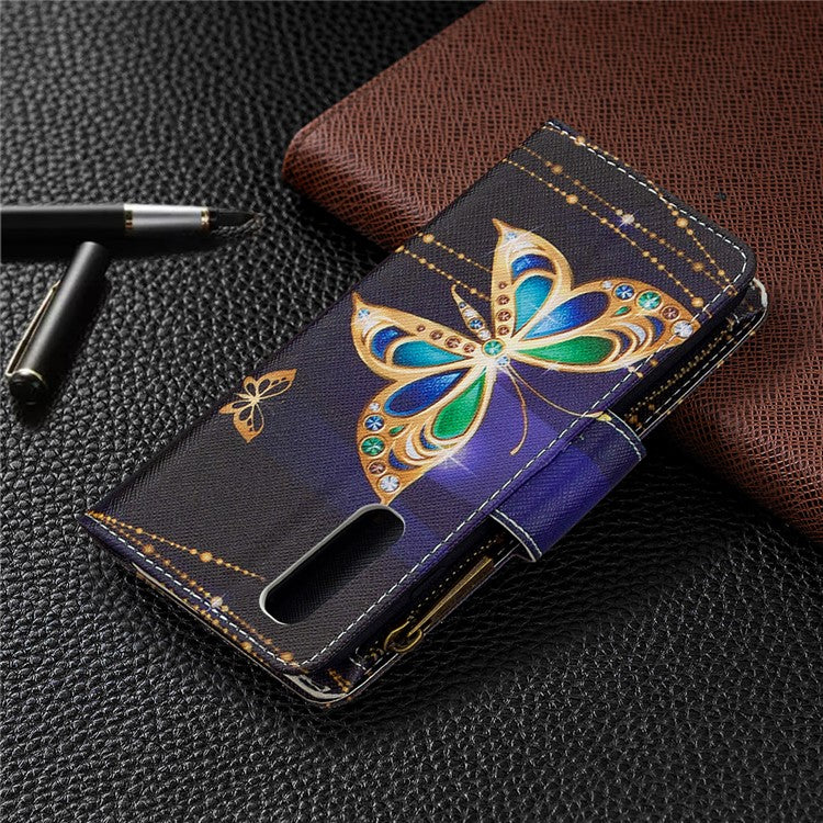 Printing Skin Zipper Pocket Leather Case for Oppo Reno3 Pro/Find X2 Neo - Crystal Butterfly