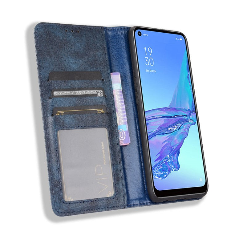 Vintage Style Shell Leather Wallet Stand Phone Case for Oppo A53(2020)/A32 (2020) - Blue