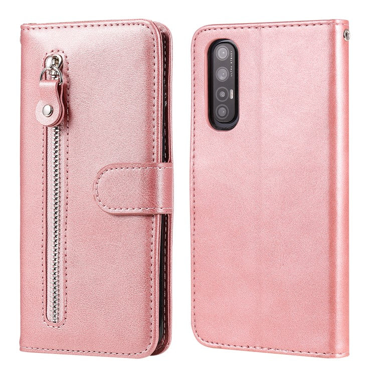 Zipper Pocket Leather Protector Wallet Case for OPPO Find X2 Neo/Reno3 Pro - Rose Gold