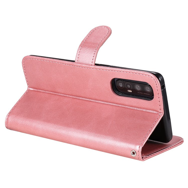 Zipper Pocket Leather Protector Wallet Case for OPPO Find X2 Neo/Reno3 Pro - Rose Gold