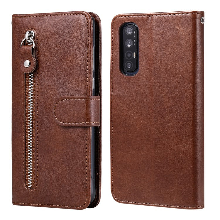 Zipper Pocket Leather Protector Wallet Case for OPPO Find X2 Neo/Reno3 Pro - Brown