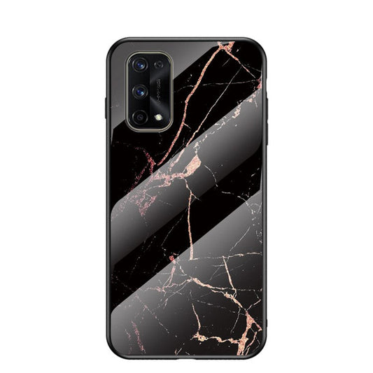 Marbling Pattern Tempered Glass + PC + TPU Edge Cell Phone Hybrid Cover for Oppo Realme 7 Pro - Gold Black Marble