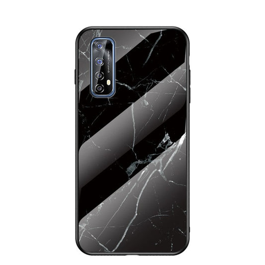 Marbling Pattern Tempered Glass + PC + TPU Edge Cell Phone Hybrid Cover for Realme 7 (Global) - Black Marble