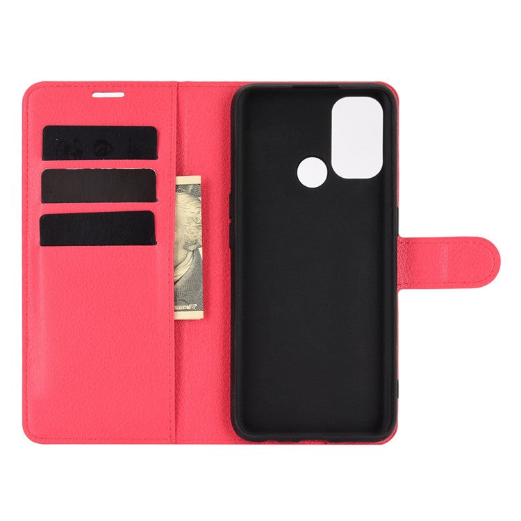 Litchi Skin Wallet Leather Cell Phone Case for Oppo A53 (2020) - Red