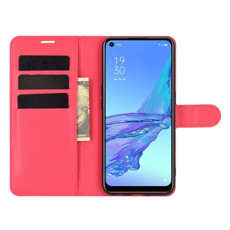 Litchi Skin Wallet Leather Cell Phone Case for Oppo A53 (2020) - Red