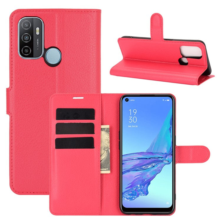 Litchi Skin Wallet Leather Cell Phone Case for Oppo A53 (2020) - Red
