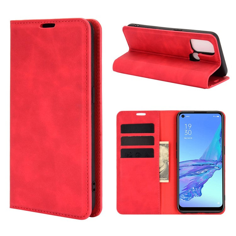 Silky Touch Leather Stand Shell Case for OPPO A53(2020) - Red
