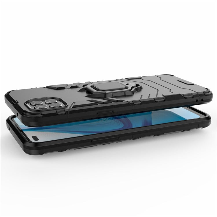 Ring-Shape Kickstand PC + TPU Hybrid Phone Cover for Oppo F17 Pro - Black