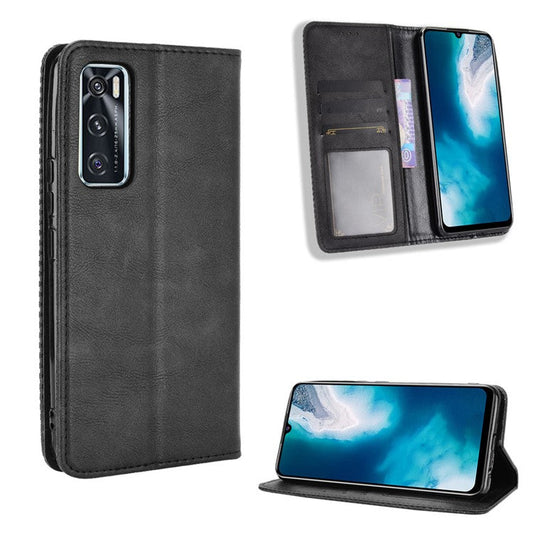 Magnetic Vintage Style Phone Case Wallet Stand Leather Cover for vivo V20 SE / vivo Y70 2020 - Black