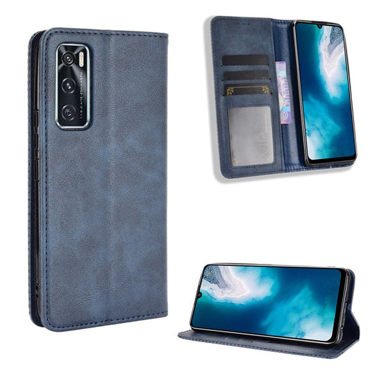 Magnetic Vintage Style Phone Case Wallet Stand Leather Cover for vivo V20 SE / vivo Y70 2020 - Blue