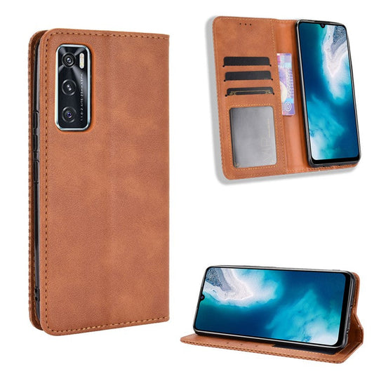 Magnetic Vintage Style Phone Case Wallet Stand Leather Cover for vivo V20 SE / vivo Y70 2020 - Brown