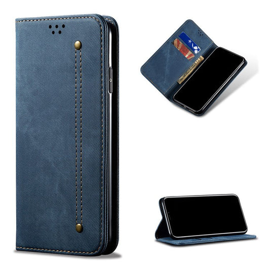Jeans Cloth Texture Leisure Style Cell Phone Leather Case with Wallet and Stand for Realme 7 (Asia)/(Global) - Blue