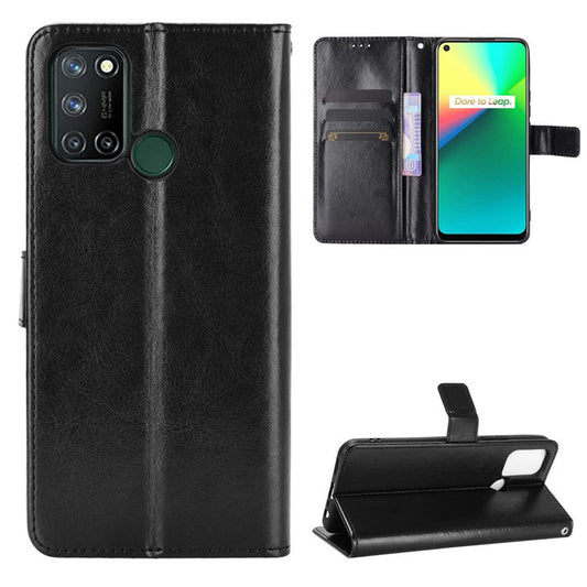 Crazy Horse Texture Leather Stand Cover for Realme 7i/C17 Phone Case - Black