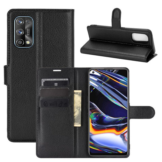 Phone Protective Shell Litchi Texture Leather Wallet for Realme 7 Pro - Black