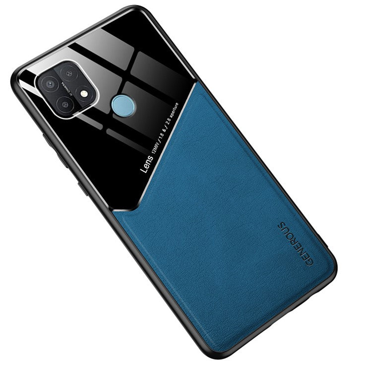 Leather Coated Glass PC TPU Combo Case for OPPO A15 Protector Cover [Built-in Magnetic Metal Sheet] - Blue