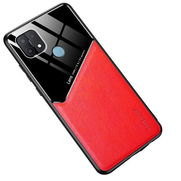 Leather Coated Glass PC TPU Combo Case for OPPO A15 Protector Cover [Built-in Magnetic Metal Sheet] - Red