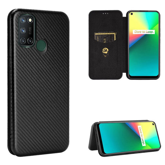 Auto-absorbed Carbon Fiber Leather Case with Card Holder for Realme 7i (Asia)/C17 - Black