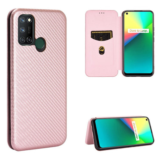 Auto-absorbed Carbon Fiber Leather Case with Card Holder for Realme 7i (Asia)/C17 - Pink